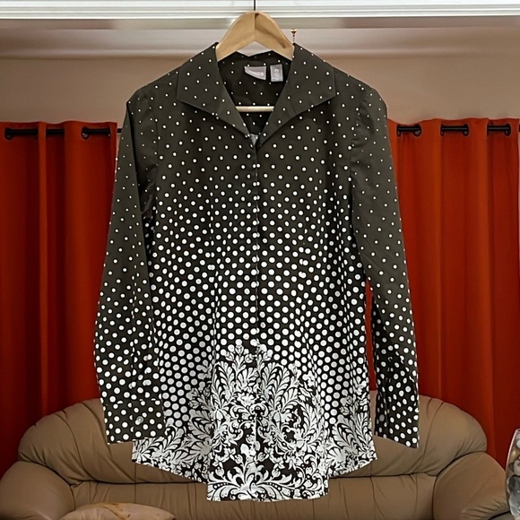Chico’s Brown White Polka Dot Long Sleeve Button Up Chico’s Size 0 = US Size S - Picture 2 of 7